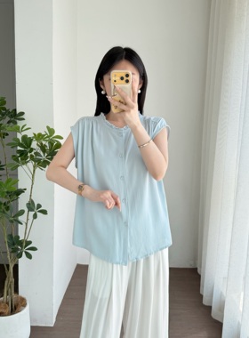 休闲风飞边领无袖棉绸衬衫女夏季宽松百搭纯色开衫上衣T恤显瘦