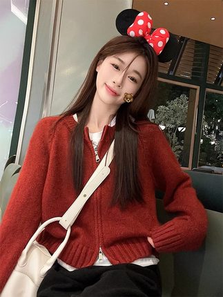 红色纯色小个子针织毛衣开衫短款外套女秋冬设计感双拉链宽松百搭