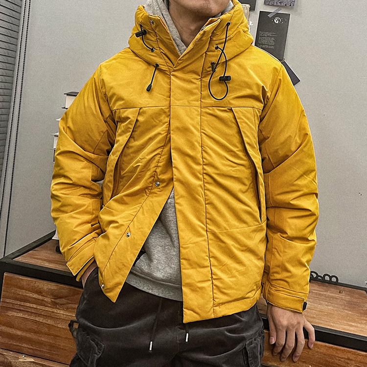 石头家 美式斜口袋军绿亮黄加厚冬季保暖中长工装宽松休闲羽绒服