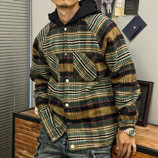 冬季加棉连帽长袖 男款格子拼色衬衫 外传衬衣秋衣纯棉植绒假两件