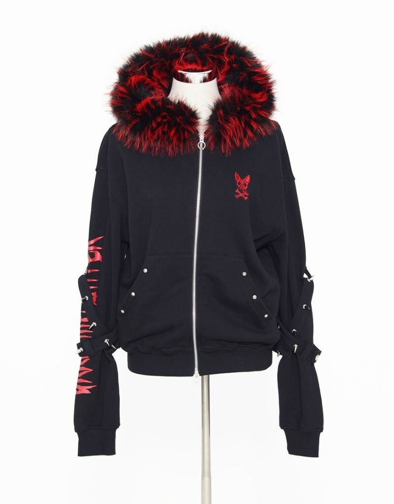 thumbnail for Japanese single dark punk grrr fur collar cute sleeve inverted cross skull stud subculture Y2K hooded sweatshirt jacket