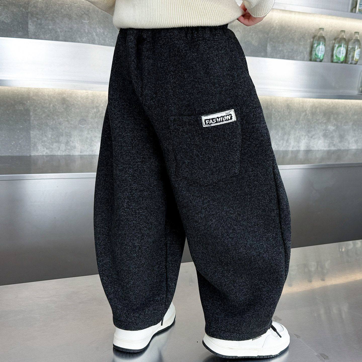 男童加绒裤子冬季儿童加厚弯刀裤小男孩宝宝春秋一体绒保暖毛呢裤