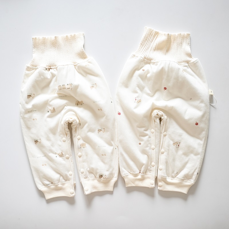 婴儿纯棉高腰护肚夹棉保暖长裤男女儿童按扣款裤子宝宝薄棉裤秋冬