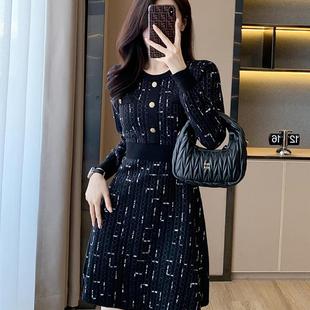 小香風(fēng)針織連衣裙女秋季 顯瘦毛衣A字小黑裙 2024圓領(lǐng)高腰長(zhǎng)袖 新款
