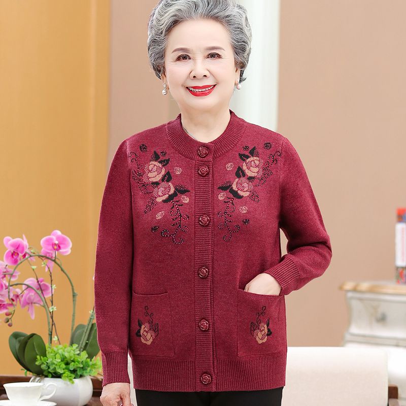 老年人奶奶毛衣秋冬装加绒加厚外套女妈妈开衫针织衫保暖老人衣服
