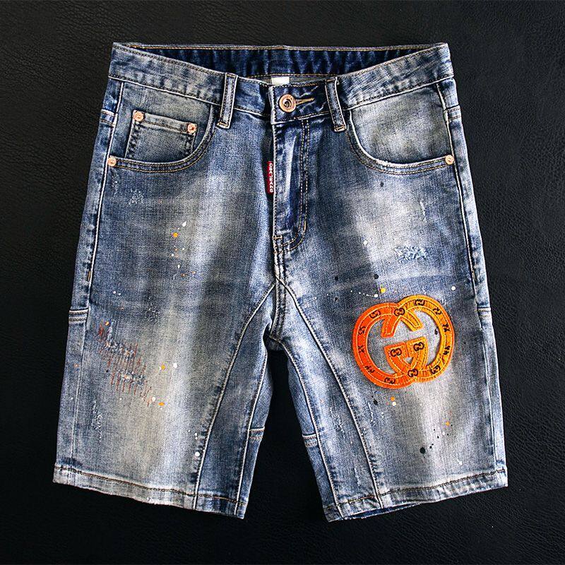 泼墨复古蓝破洞牛仔短裤男修身潮流中裤韩版五分裤潮牌弹力5分裤