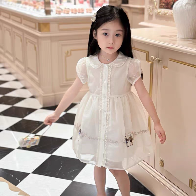 童装女童连衣裙夏季新款儿童洋气白色网纱连衣裙甜美刺绣公主裙子