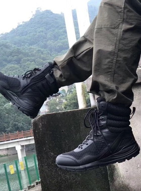 君洛克战术博士8英寸高帮侧拉链作战靴V底超轻透气轻便黑色战术靴