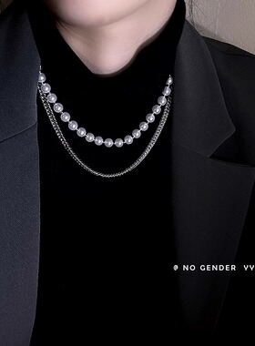 双层古巴链仿珍珠项链女款2025新款高级感ins嘻哈风男锁骨链小众