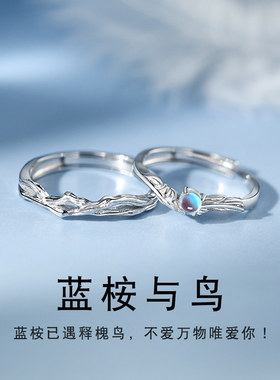 纯银蓝桉与鸟情侣戒指一对小众设计高级男女对戒情人节礼物送女友