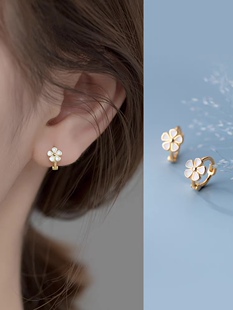 S925银花朵耳扣女韩版五瓣花耳钉小耳圈耳环甜美气质2025新款爆款