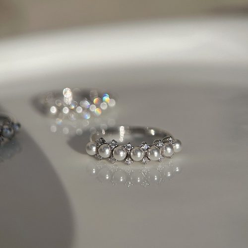 s925纯银纤细版满天星珍珠戒指女小众设计轻奢气质精致排钻戒指环