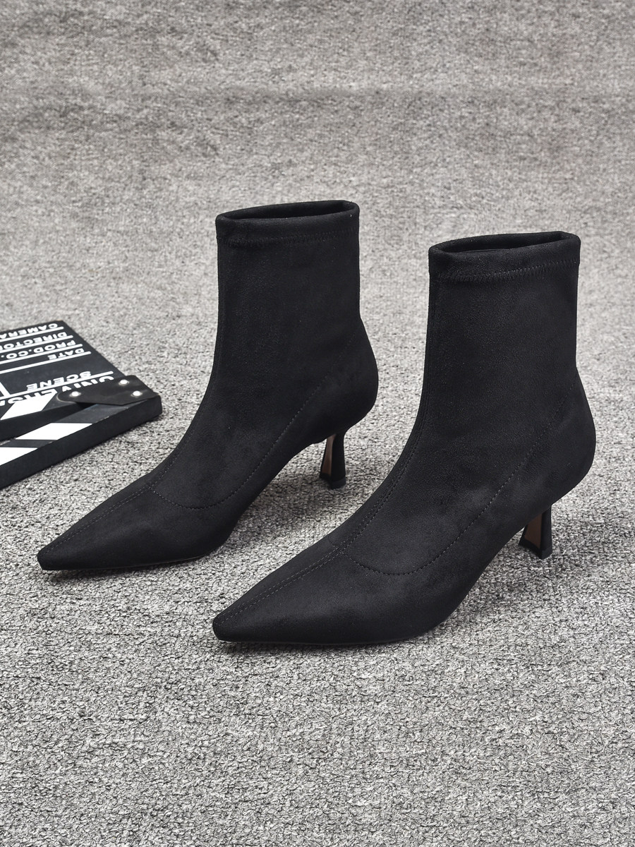 EUROPEAN STATION WOMENS SHOES 2024 AUTUMN AND WINTER NEW EUROPEAN POINTED TOE STILETTO HEELED BOOTS STRETCH CLOTH THIN FASHION BOOTS