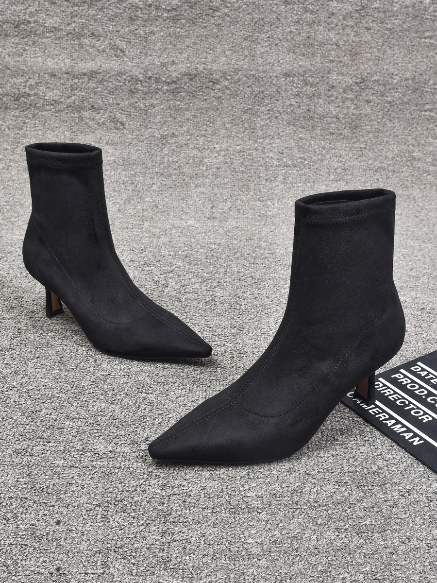 EUROPEAN STATION WOMENS SHOES 2024 AUTUMN AND WINTER NEW EUROPEAN POINTED TOE STILETTO HEELED BOOTS STRETCH CLOTH THIN FASHION BOOTS