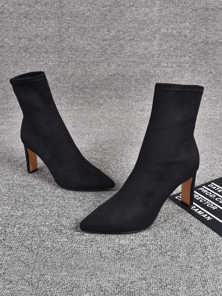 SLIM BLACK SKINNY LEG STRETCH BOOTS WOMENS SOCKS BOOTS FALL|WINTER 2024 VELVET FLAT HEEL FASHION POINTED-TOE HIGH HEEL BOOTIES