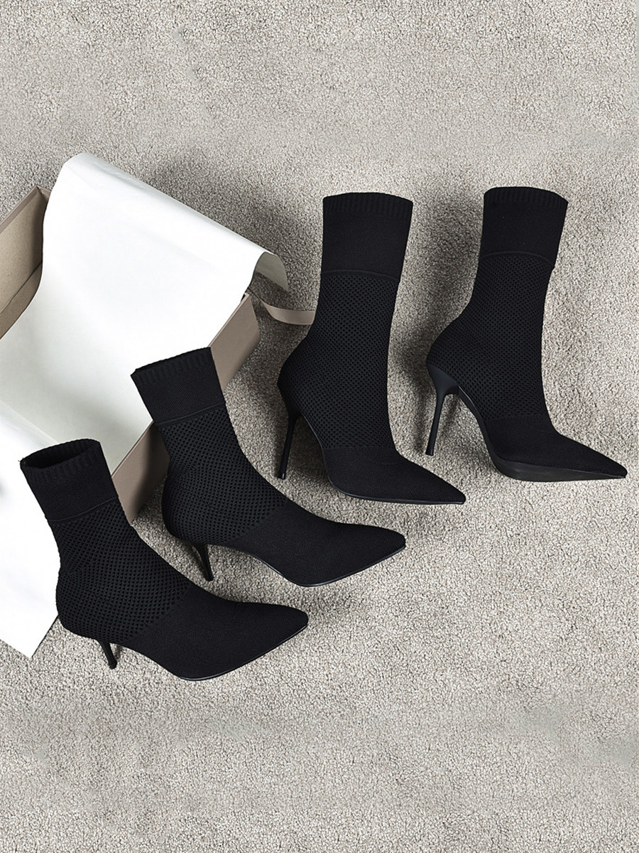 NET RED SOCK BOOTS 2024 AUTUMN AND WINTER SINGLE BOOTS POINTED TOE STILETTO HEELS WOOLEN MID-TUBE SKINNY BOOTS EUROPEAN AND AMERICAN BOOTIES