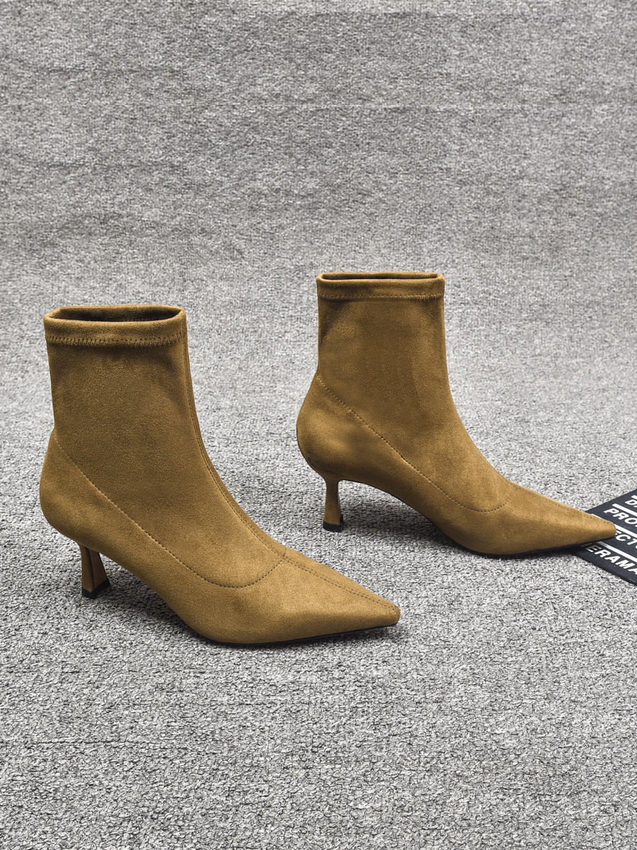 EUROPEAN STATION WOMENS SHOES 2024 AUTUMN AND WINTER NEW EUROPEAN POINTED TOE STILETTO HEELED BOOTS STRETCH CLOTH THIN FASHION BOOTS