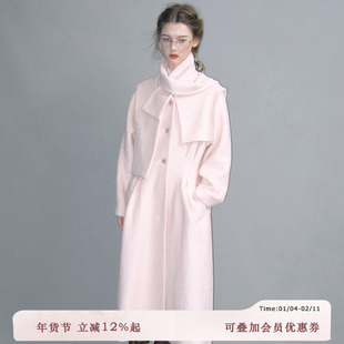 俗集原创设计 多穿围巾 粉色羊毛大衣圈圈毛呢冬季大衣长款外套厚