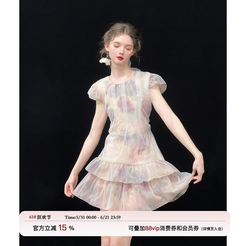 俗集原创 油画小飞袖小众设计收腰别致连衣裙新款女夏季