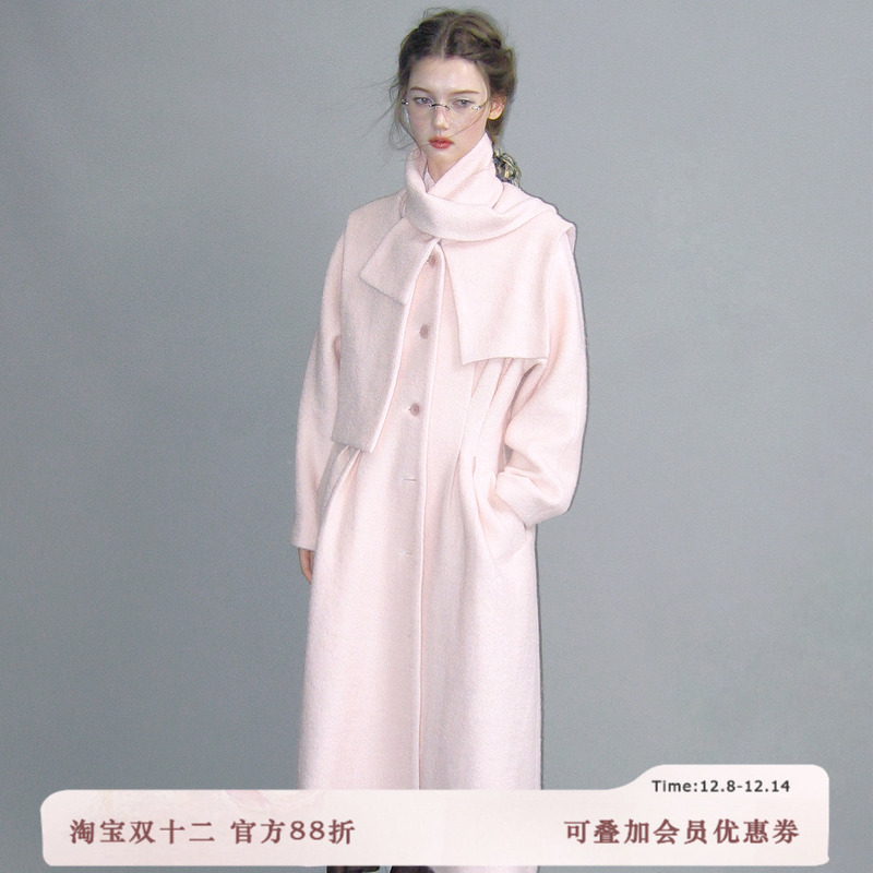 俗集原创设计感粉色羊毛大衣外套