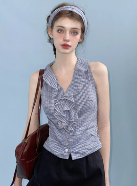 俗集原创25SS-1 蓝色背心收腰衬衫+黑色短款A字裙裤套装