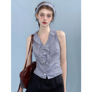 套装 蓝色背心收腰衬衫 A字裙裤 黑色短款 俗集原创25SS