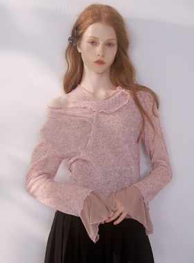 俗集原创 镂空拼接别致设计感针织衫粉色上衣内搭打底衫女春装