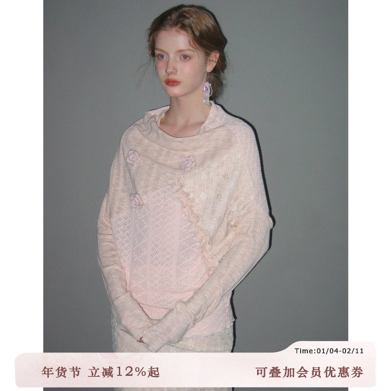 俗集原创 2025AW-1 披肩一字肩慵懒气质长袖针织套头上衣