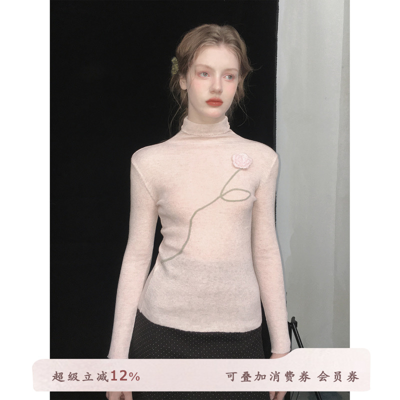 俗集原创 立体花朵三色半高领羊毛打底衫针织内搭上衣