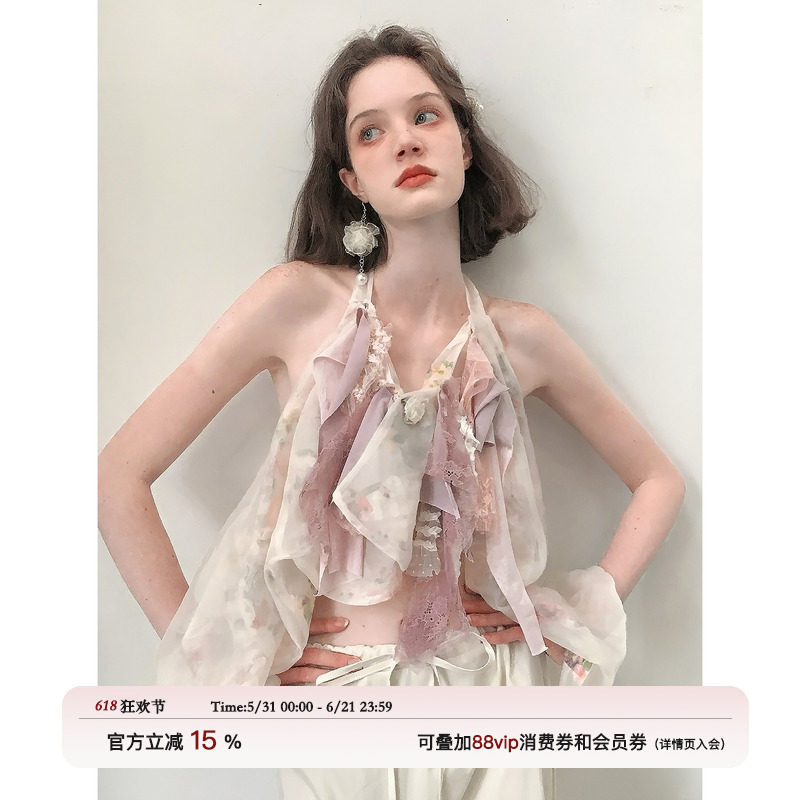 俗集26ss-2 上衣法式甜辣风挂脖吊带背心女夏渐变仙气
