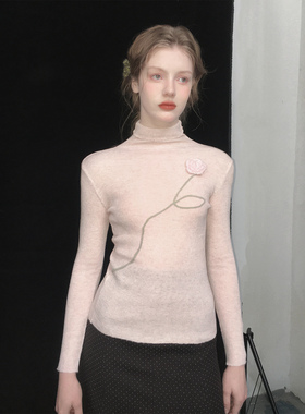 俗集原创 立体花朵三色半高领羊毛打底衫针织内搭上衣