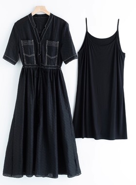 天丝 两件套 V领短袖抽绳收腰显瘦连衣裙+吊带裙L08543