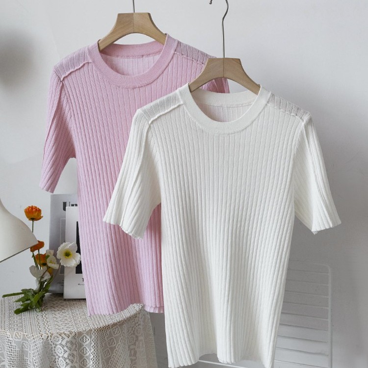 清凉舒适天丝麻！简约纯色系圆领短袖直筒显瘦休闲针织衫女M21912