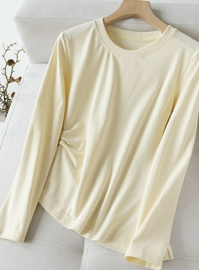 纯色~百搭褶皱收腰不规则剪裁设计款圆领长袖休闲T恤打底衫C01223