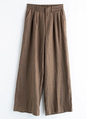 日系慵懒风~透气亲肤亚麻阔腿显瘦高腰长款休闲裤女U04328