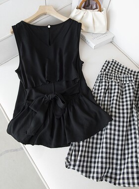 韩系ins风~露背后系带无袖衬衫+透气麻料格纹阔腿裤套装女H23623