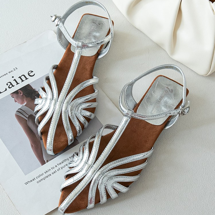 编织感镂空鞋面!复古法式韵味尖头T字袢带时尚凉鞋女鞋X09132