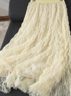 浪漫波浪纹纱裙 简约纯色松紧腰褶皱层次蓬松公主裙半身裙J04858