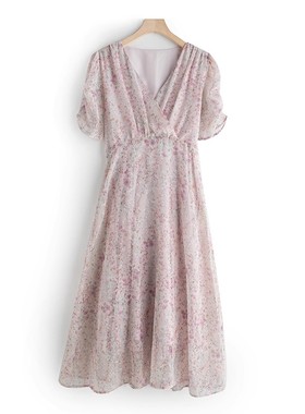 温柔清新长裙 V领泡泡袖收腰垂顺飘逸连衣裙女裙 L33243