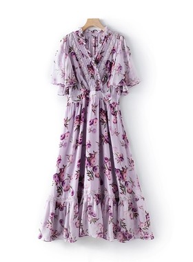 法式浪漫风~ 蕾丝拼接木耳边 桑蚕丝 真丝短袖中长款连衣裙F16548