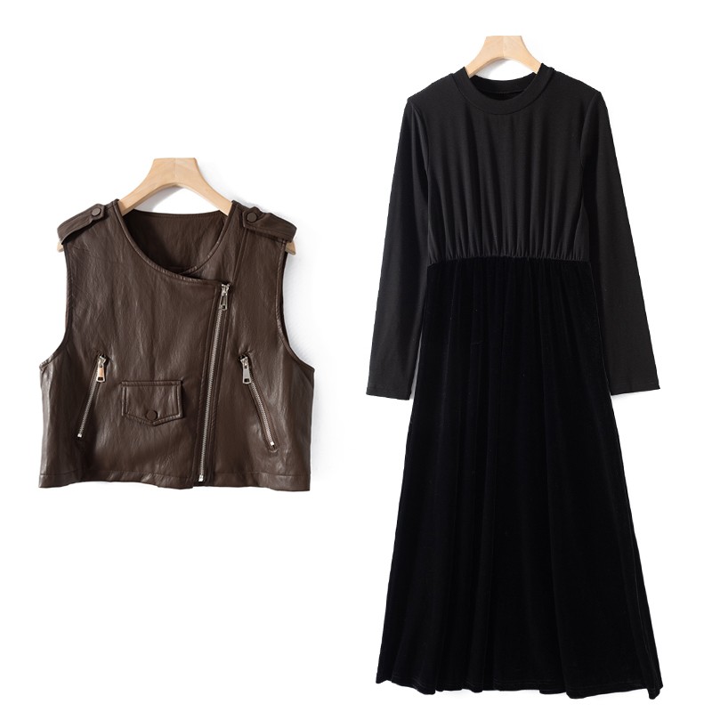时髦套装！斜拉链PU皮皮衣马甲+圆领丝绒连衣裙两件套 H12443
