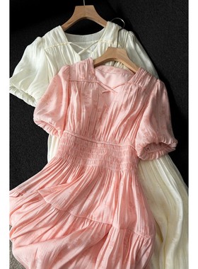 暗纹印花镂空V领中长款泡泡袖简约减龄连衣裙女秋L48823