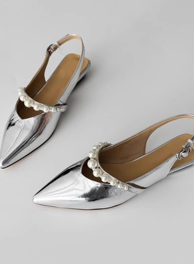 珍珠一字带 气质优雅时尚尖头牛皮 后空浅口单鞋X04733