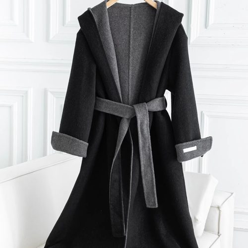 羊毛混纺大衣系带收腰显瘦气质宽松中长款女加厚毛呢外套S23443