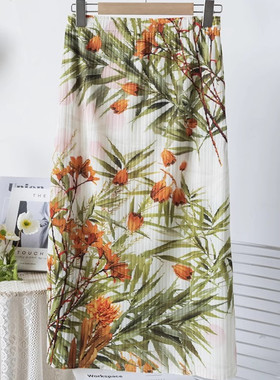 日系san宅面料 褶皱层次 松紧腰直筒侧开叉印花垂感半身裙 J05733