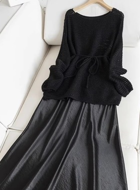 轻熟韵味~镂空系腰宽松羊毛混纺针织衫+醋酸缎高腰半裙套装H02723