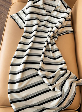 清凉丝滑桑蚕丝！开口翻领复古条纹宽松直筒真丝连衣裙女春F17753