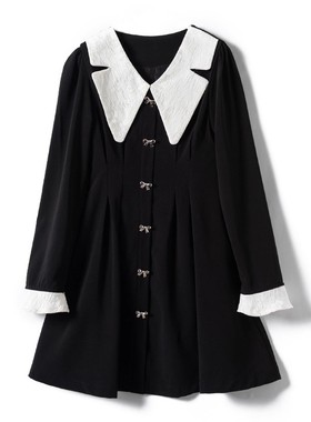 撞色翻领 蝴蝶结扣装饰 赫本风连衣裙L06928