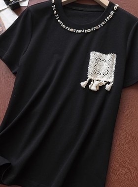 海滩风贝壳刺绣点缀~亲肤柔软棉质圆领短袖直筒休闲T恤女C02723