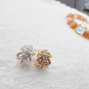 14k高保色镀金镂空镶钻锆石隔珠水晶配饰手链双头花托diy串珠配件